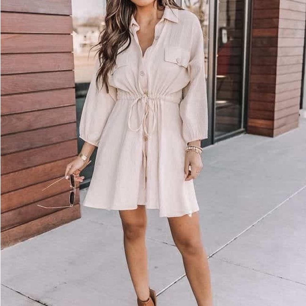 Lumiere Neutral Beige Oversized Collared Gauze Mini Dress
